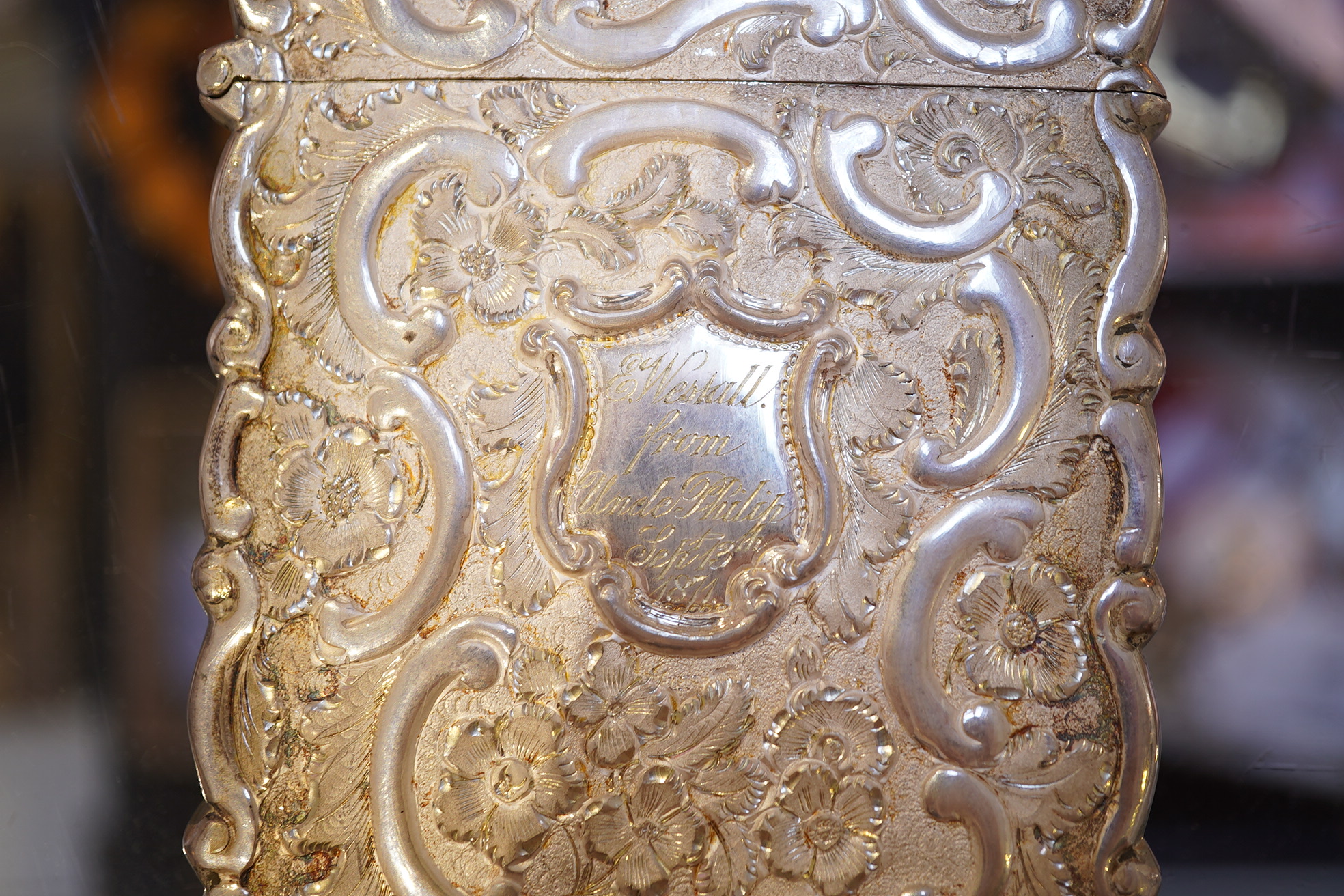 A Victorian silver 'castle top' card case by Hilliard & Thomason?